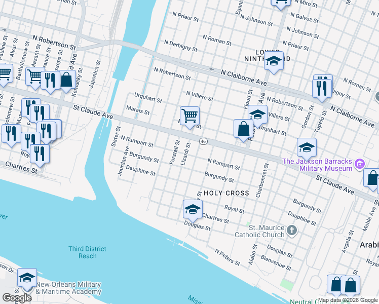 map of restaurants, bars, coffee shops, grocery stores, and more near 942 Lizardi Street in New Orleans