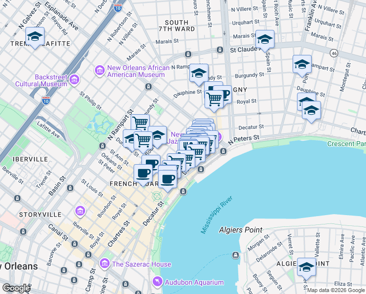 map of restaurants, bars, coffee shops, grocery stores, and more near 528 Governor Nicholls Street in New Orleans