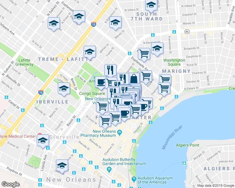 map of restaurants, bars, coffee shops, grocery stores, and more near 916 Dauphine Street in New Orleans