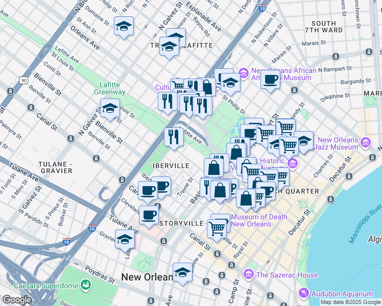 map of restaurants, bars, coffee shops, grocery stores, and more near 1401-1499 Saint Louis Street in New Orleans