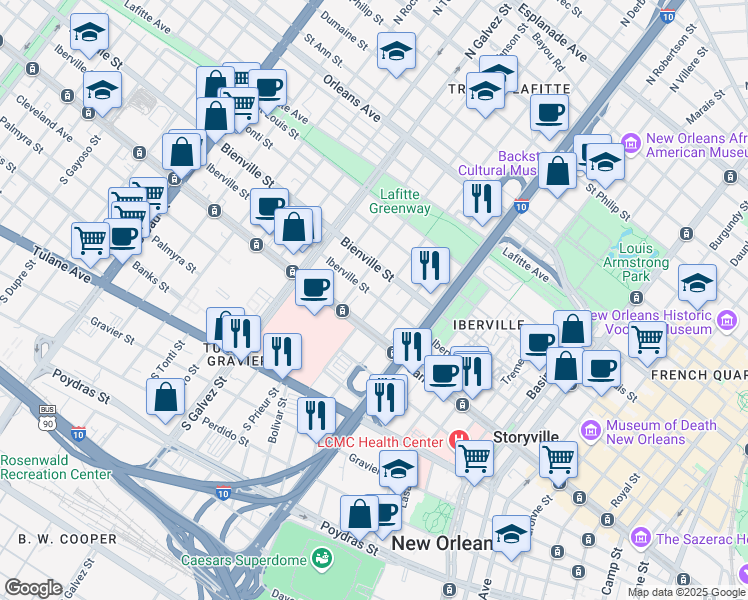 map of restaurants, bars, coffee shops, grocery stores, and more near 121 North Roman Street in New Orleans