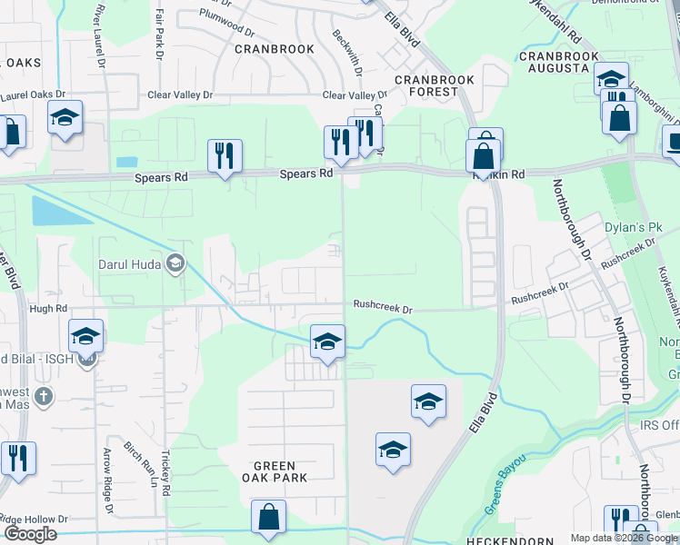 map of restaurants, bars, coffee shops, grocery stores, and more near 1103 Watson Crossing Way in Houston