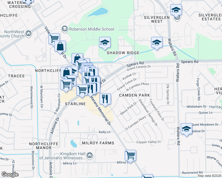 map of restaurants, bars, coffee shops, grocery stores, and more near 2426 North Rim Drive in Houston