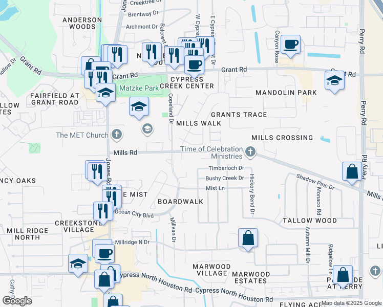 map of restaurants, bars, coffee shops, grocery stores, and more near 10555 Mills Road in Houston