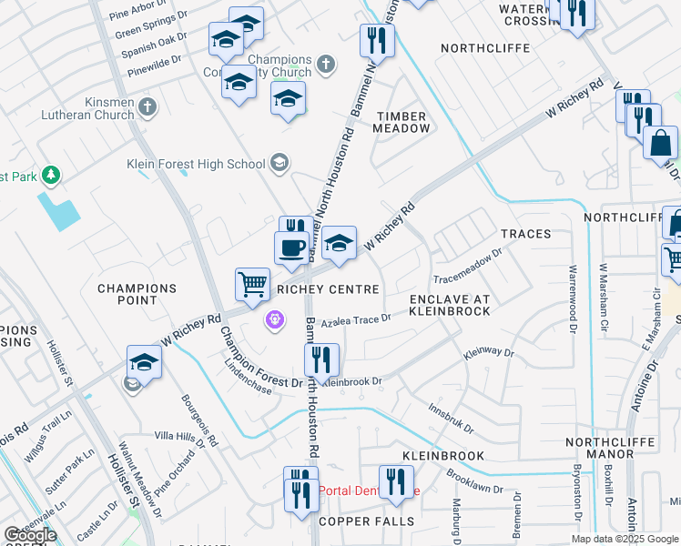 map of restaurants, bars, coffee shops, grocery stores, and more near 12550 Bammel North Houston Road in Houston