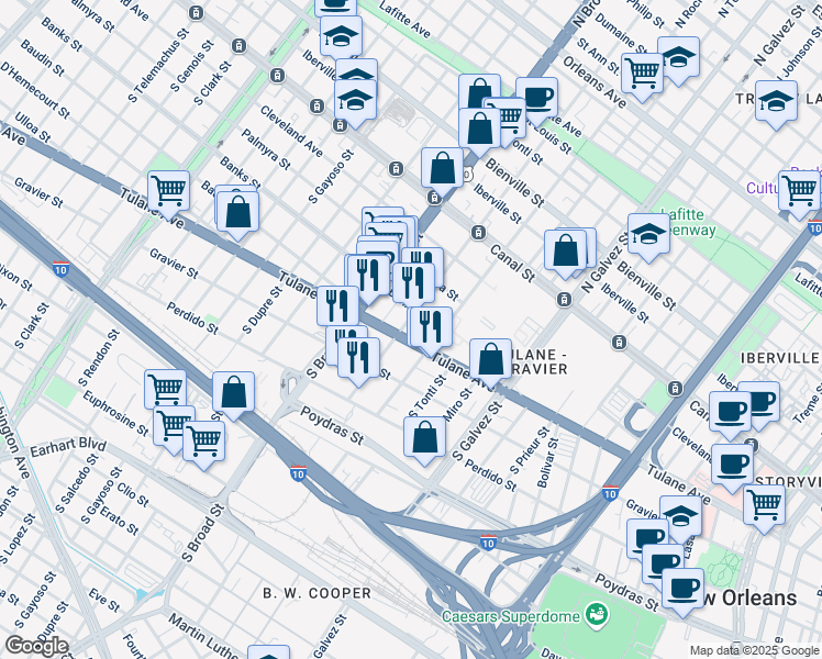 map of restaurants, bars, coffee shops, grocery stores, and more near 2537 Tulane Avenue in New Orleans