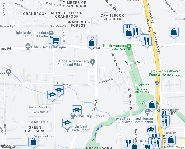 map of restaurants, bars, coffee shops, grocery stores, and more near 815 Forest Thicket Lane in Houston