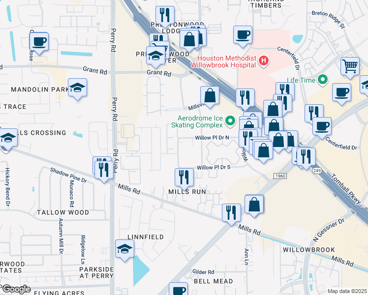map of restaurants, bars, coffee shops, grocery stores, and more near 13010 Willow Place Drive West in Houston