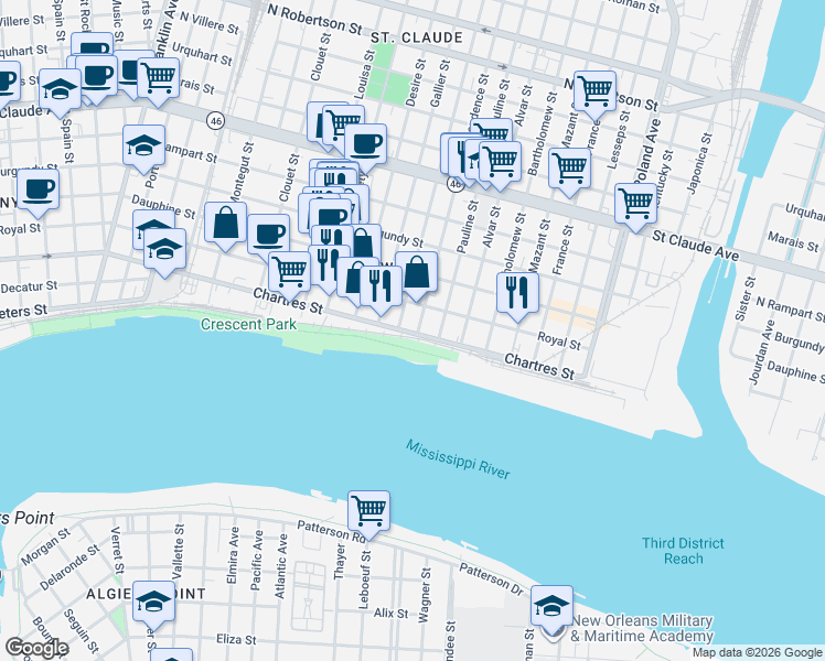 map of restaurants, bars, coffee shops, grocery stores, and more near in New Orleans