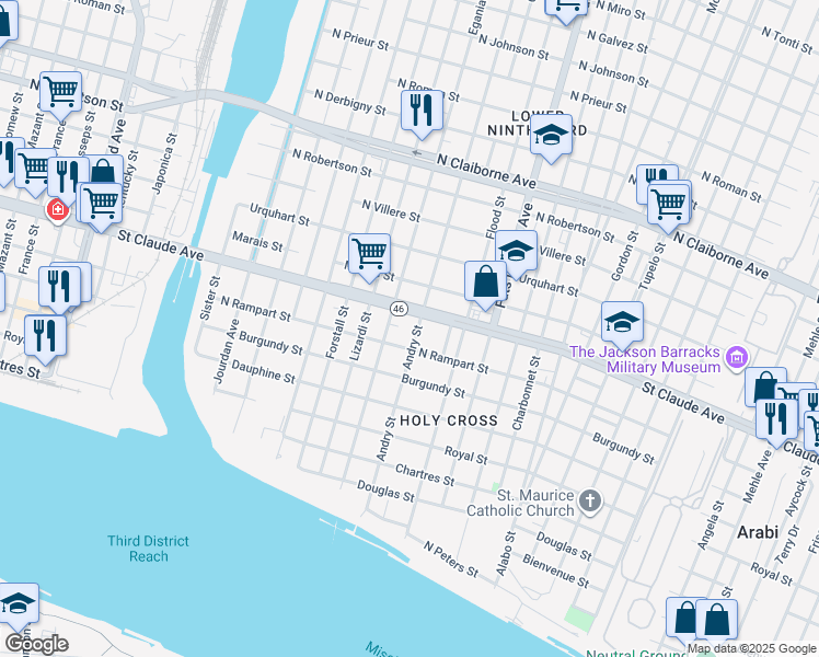map of restaurants, bars, coffee shops, grocery stores, and more near 5317 North Rampart Street in New Orleans