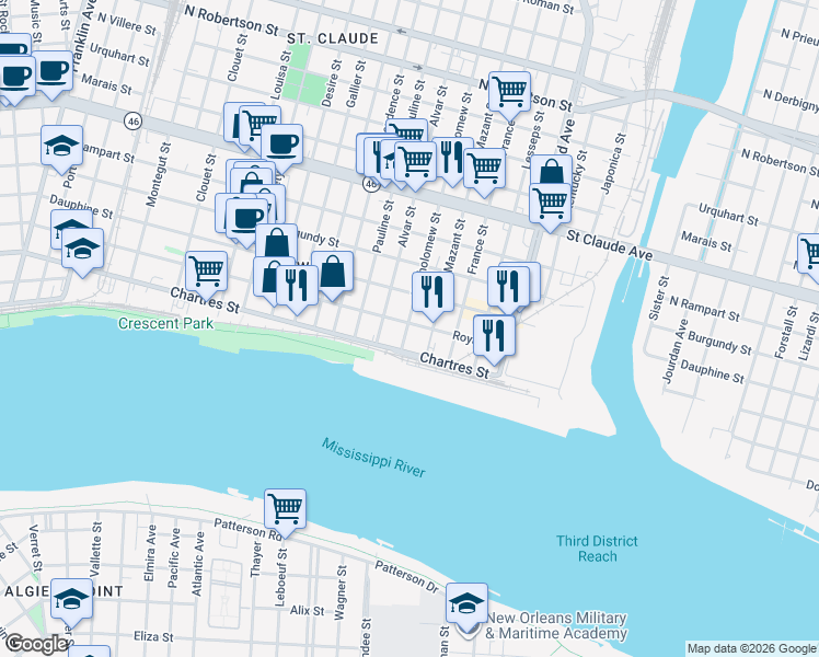 map of restaurants, bars, coffee shops, grocery stores, and more near 4026 Royal Street in New Orleans