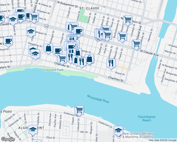 map of restaurants, bars, coffee shops, grocery stores, and more near in New Orleans