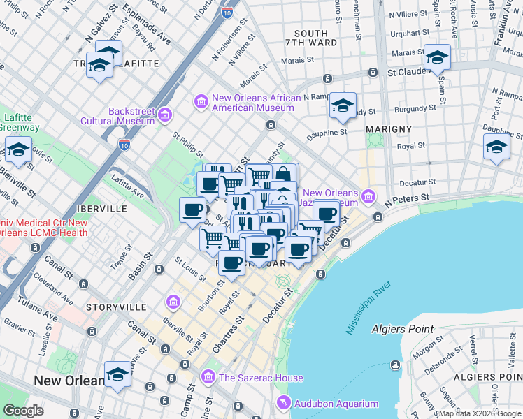map of restaurants, bars, coffee shops, grocery stores, and more near in New Orleans