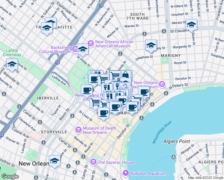 map of restaurants, bars, coffee shops, grocery stores, and more near in New Orleans
