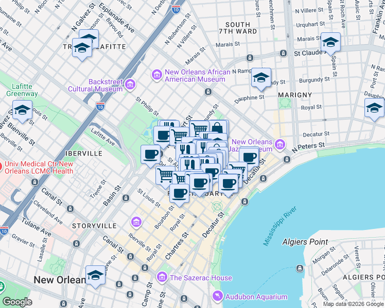 map of restaurants, bars, coffee shops, grocery stores, and more near 916 Dauphine Street in New Orleans