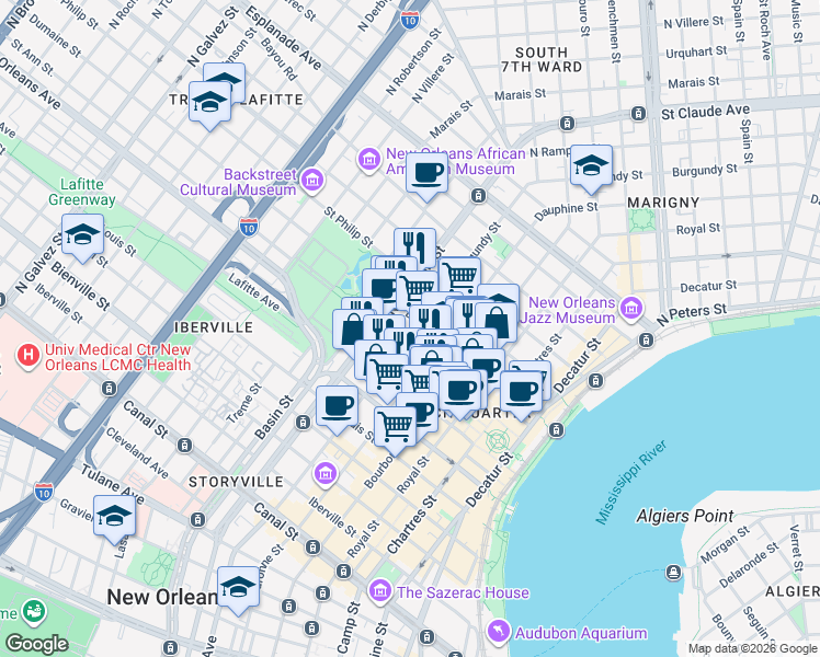 map of restaurants, bars, coffee shops, grocery stores, and more near 824 Burgundy Street in New Orleans