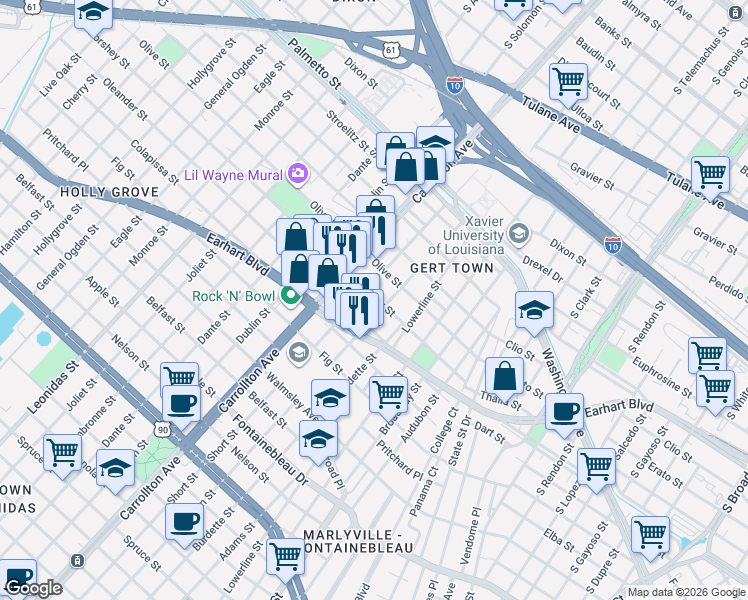 map of restaurants, bars, coffee shops, grocery stores, and more near 10 Mars Place in New Orleans