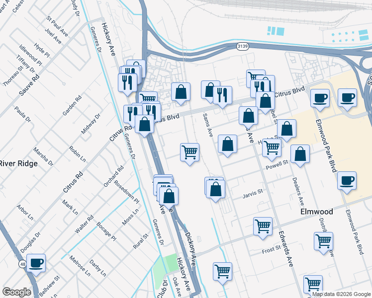 map of restaurants, bars, coffee shops, grocery stores, and more near 5820 River Oaks Road South in Elmwood