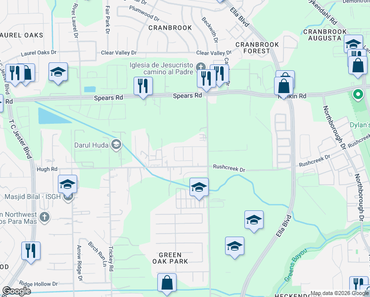 map of restaurants, bars, coffee shops, grocery stores, and more near 12019 Gregory Crossing Way in Houston