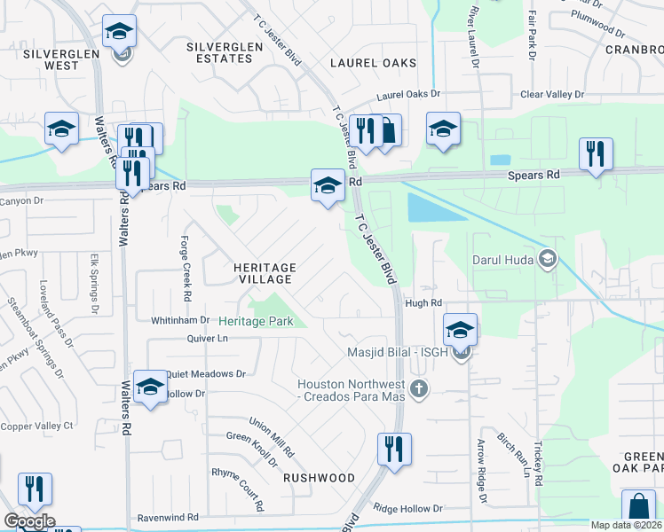 map of restaurants, bars, coffee shops, grocery stores, and more near 2435 Falls Church Drive in Houston
