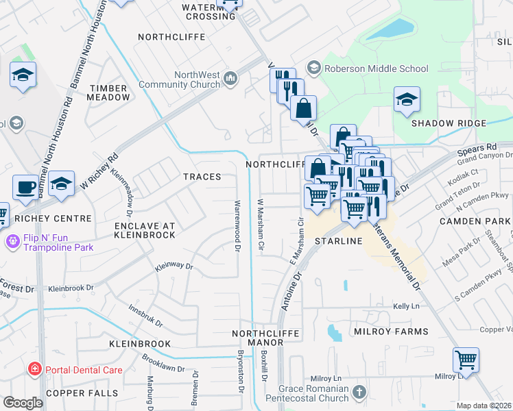 map of restaurants, bars, coffee shops, grocery stores, and more near 12422 Warrenwood Drive in Houston