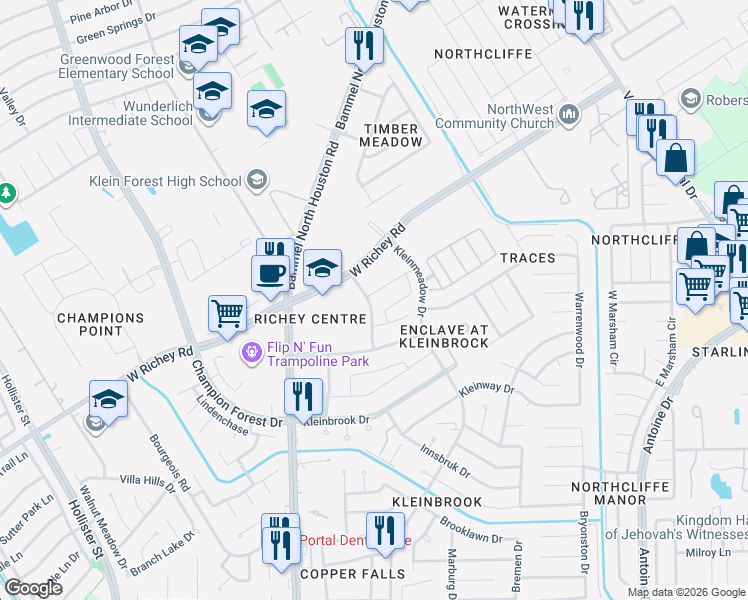 map of restaurants, bars, coffee shops, grocery stores, and more near Magnolia Trace Drive in Houston
