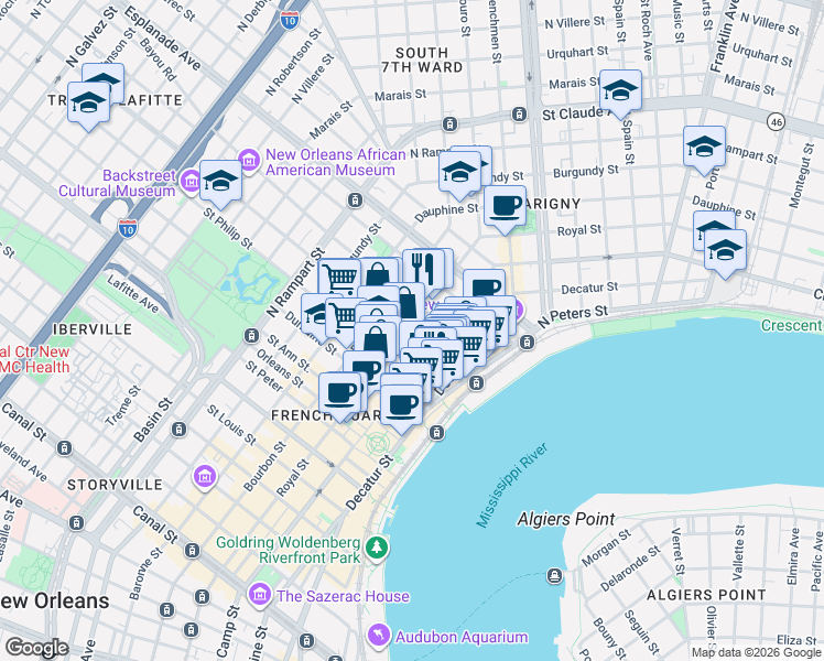 map of restaurants, bars, coffee shops, grocery stores, and more near 623 Ursulines Avenue in New Orleans