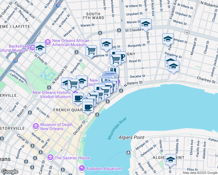 map of restaurants, bars, coffee shops, grocery stores, and more near in New Orleans