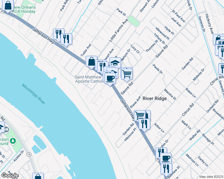 map of restaurants, bars, coffee shops, grocery stores, and more near 184 Henfer Avenue in River Ridge