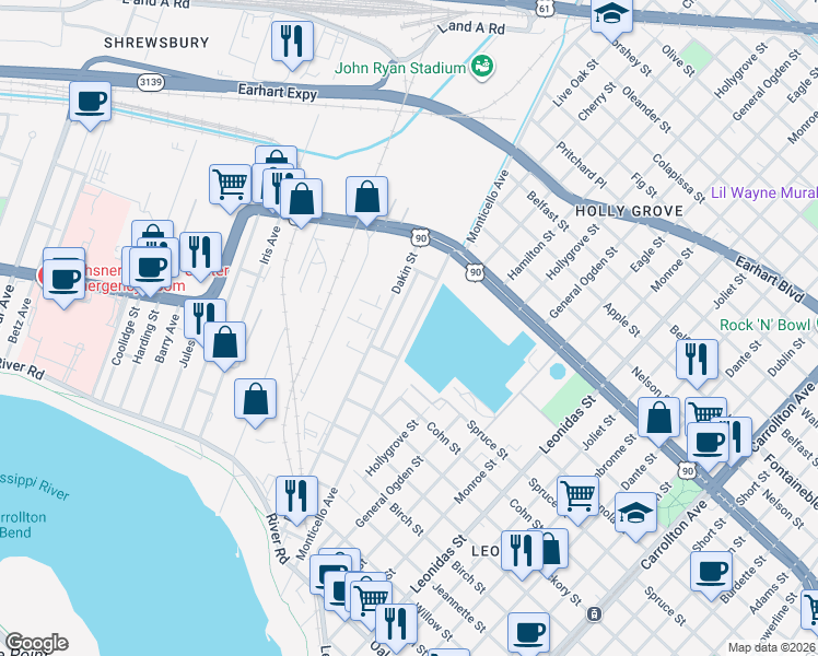 map of restaurants, bars, coffee shops, grocery stores, and more near 1000 Monticello Avenue in Jefferson