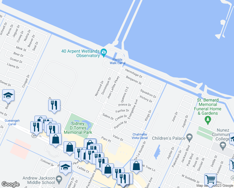 map of restaurants, bars, coffee shops, grocery stores, and more near 61 Queens Court West in Chalmette