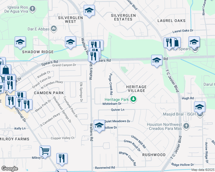 map of restaurants, bars, coffee shops, grocery stores, and more near 2723 Thompson Creek Drive in Houston