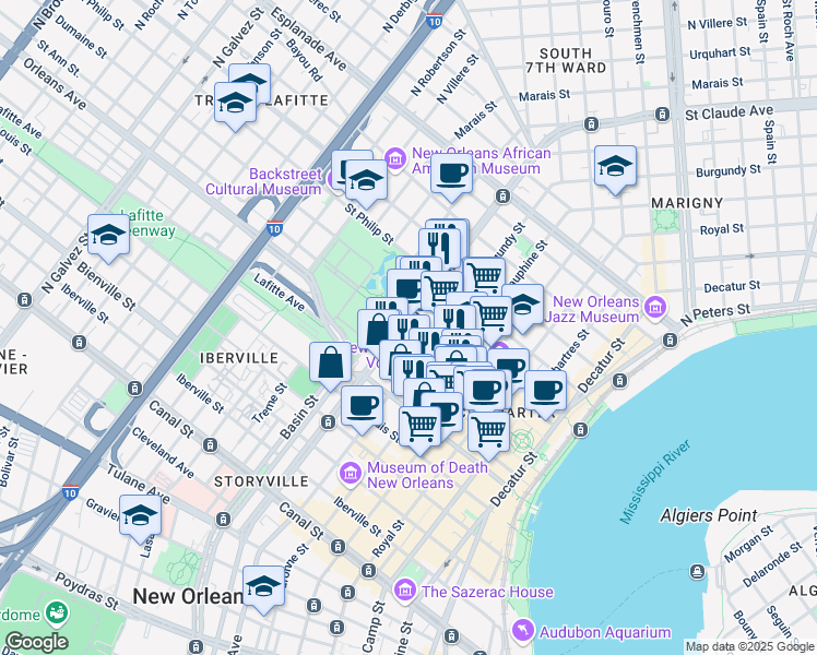 map of restaurants, bars, coffee shops, grocery stores, and more near in New Orleans