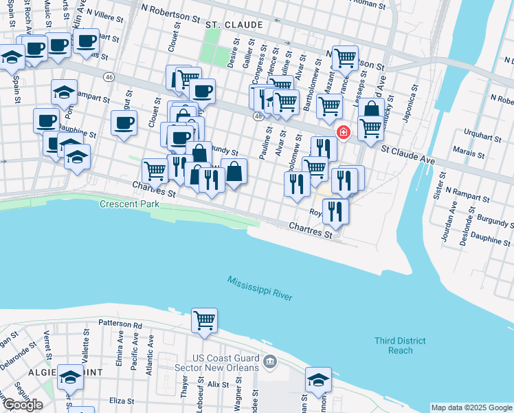 map of restaurants, bars, coffee shops, grocery stores, and more near 613 Alvar Street in New Orleans