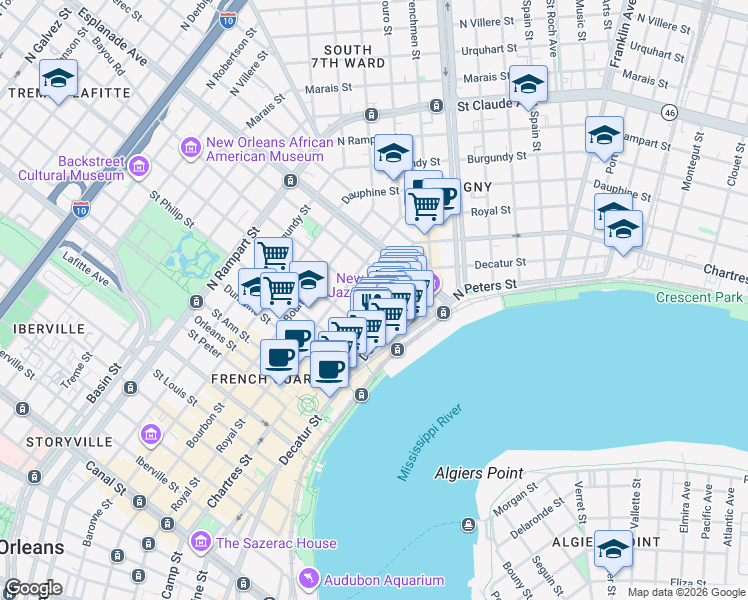 map of restaurants, bars, coffee shops, grocery stores, and more near 1206 Chartres Street in New Orleans