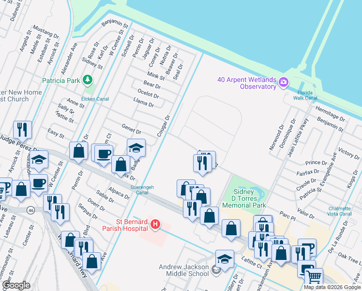 map of restaurants, bars, coffee shops, grocery stores, and more near Patricia Street in Chalmette
