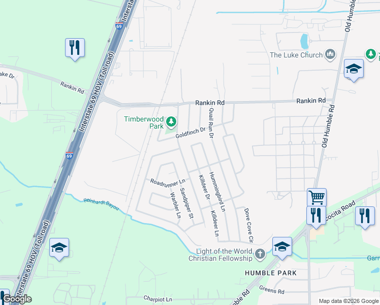 map of restaurants, bars, coffee shops, grocery stores, and more near 2802 Kingfisher Drive in Humble