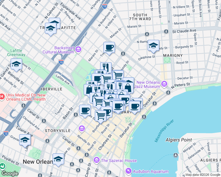 map of restaurants, bars, coffee shops, grocery stores, and more near 824 Burgundy Street in New Orleans