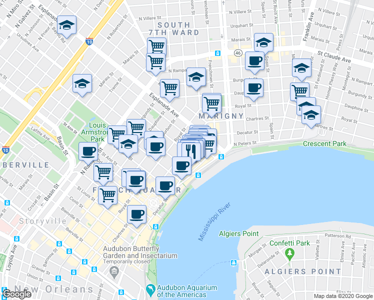 map of restaurants, bars, coffee shops, grocery stores, and more near 528 Governor Nicholls Street in New Orleans