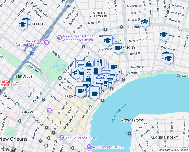 map of restaurants, bars, coffee shops, grocery stores, and more near 623 Ursulines Avenue in New Orleans