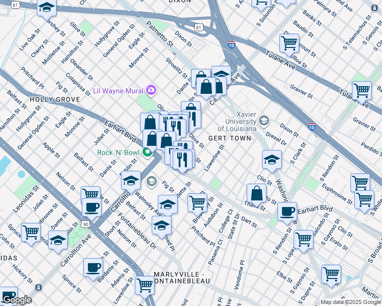 map of restaurants, bars, coffee shops, grocery stores, and more near 10 Mars Place in New Orleans