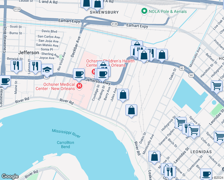 map of restaurants, bars, coffee shops, grocery stores, and more near 232 Jules Avenue in Jefferson