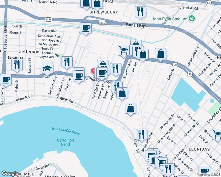 map of restaurants, bars, coffee shops, grocery stores, and more near 232 Jules Avenue in Jefferson
