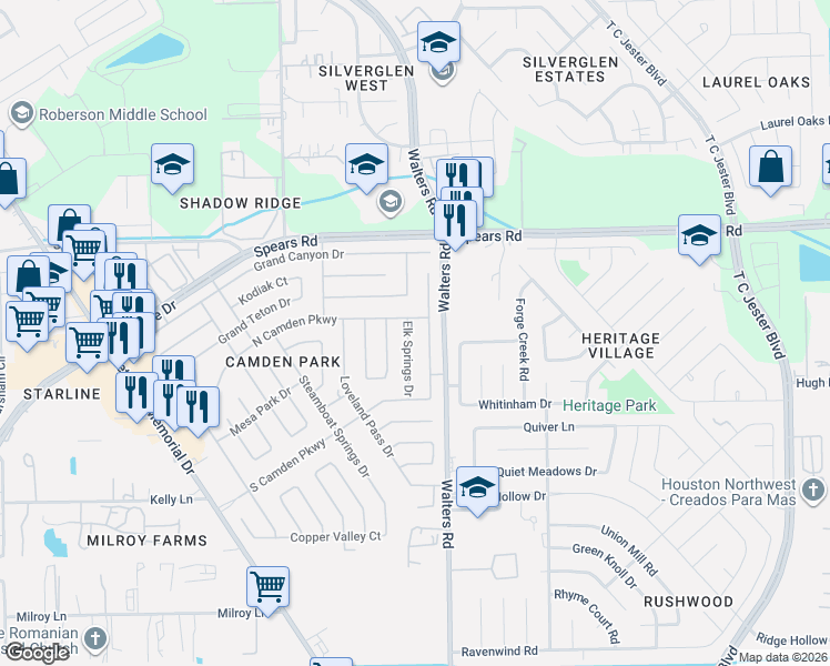 map of restaurants, bars, coffee shops, grocery stores, and more near 11942 Elk Springs Drive in Houston