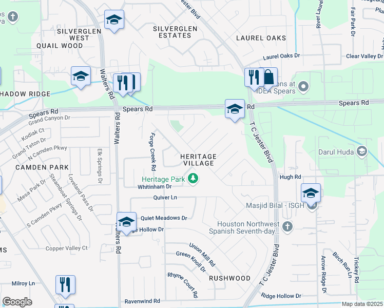 map of restaurants, bars, coffee shops, grocery stores, and more near 12107 Swords Creek Road in Houston