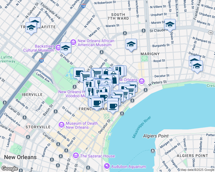 map of restaurants, bars, coffee shops, grocery stores, and more near 727 Saint Philip Street in New Orleans