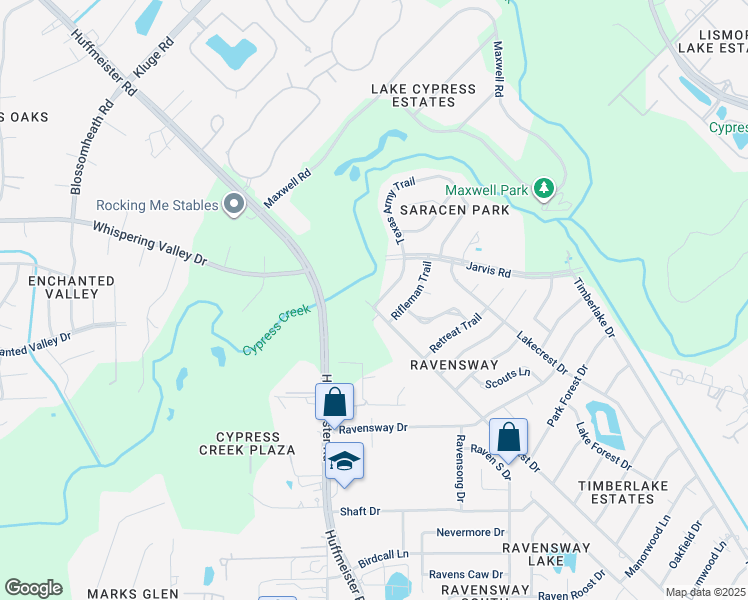 map of restaurants, bars, coffee shops, grocery stores, and more near 12902 Rifleman Trail in Cypress