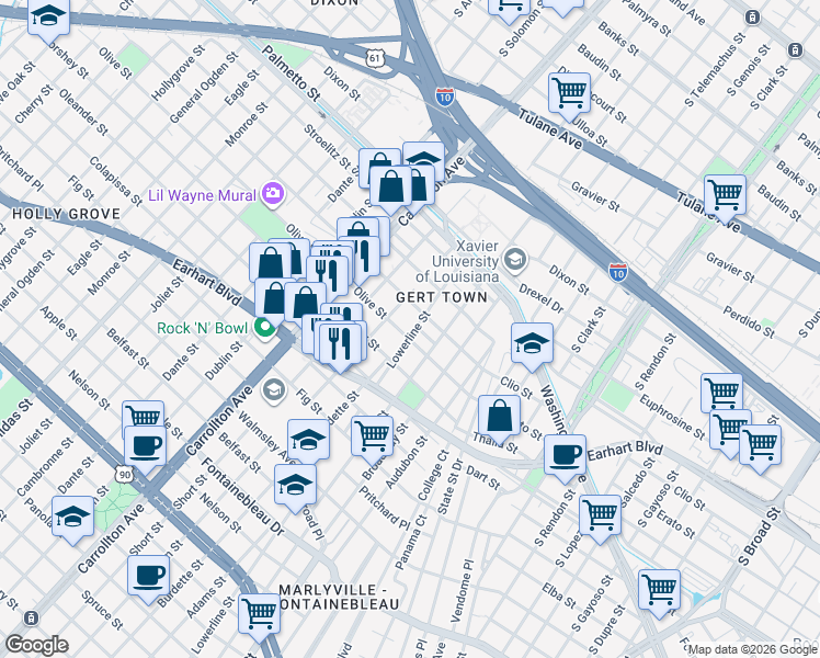 map of restaurants, bars, coffee shops, grocery stores, and more near 7818 Olive Street in New Orleans