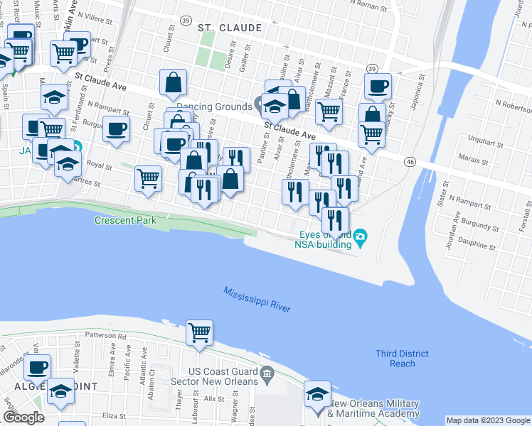 map of restaurants, bars, coffee shops, grocery stores, and more near 629 Alvar Street in New Orleans