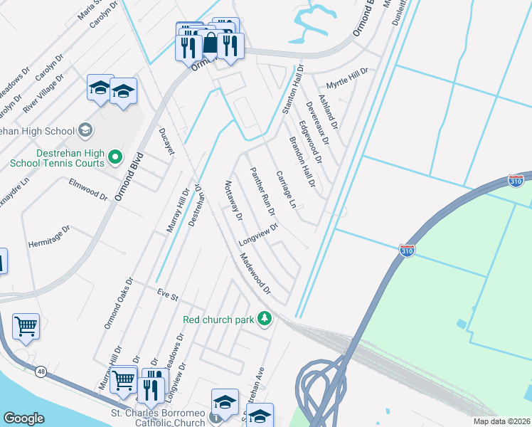map of restaurants, bars, coffee shops, grocery stores, and more near 136 Panther Run Drive in Destrehan
